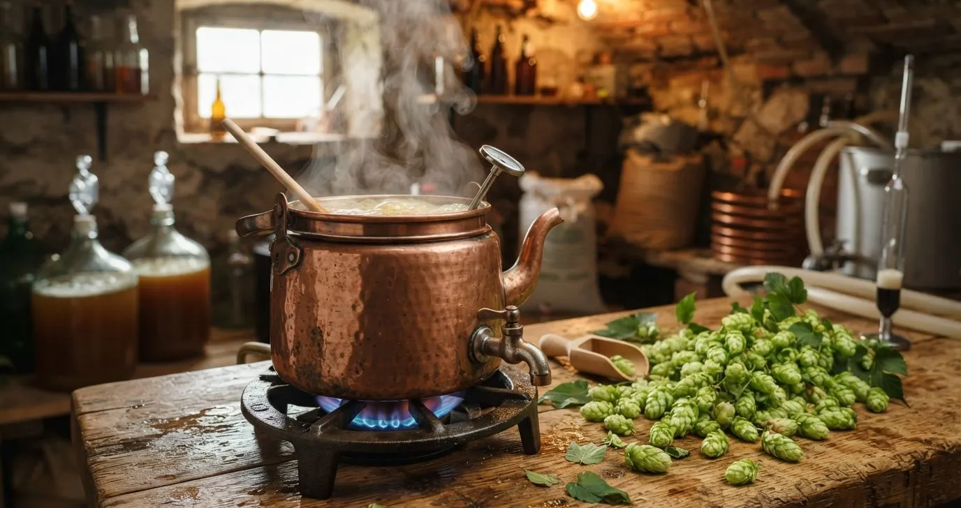 Sudkessel einer kleinen Hausbrauerei mit Hopfendolden