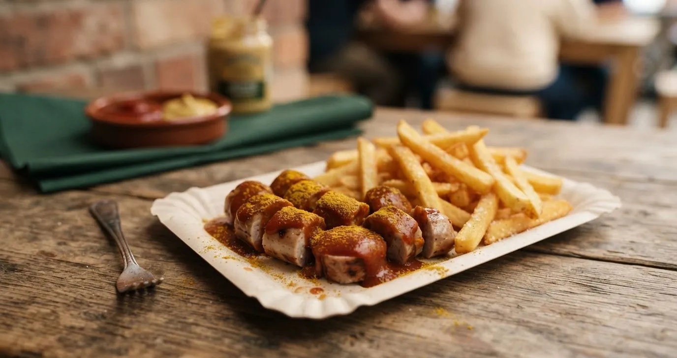 Currywurst mit Pommes auf einem Pappteller