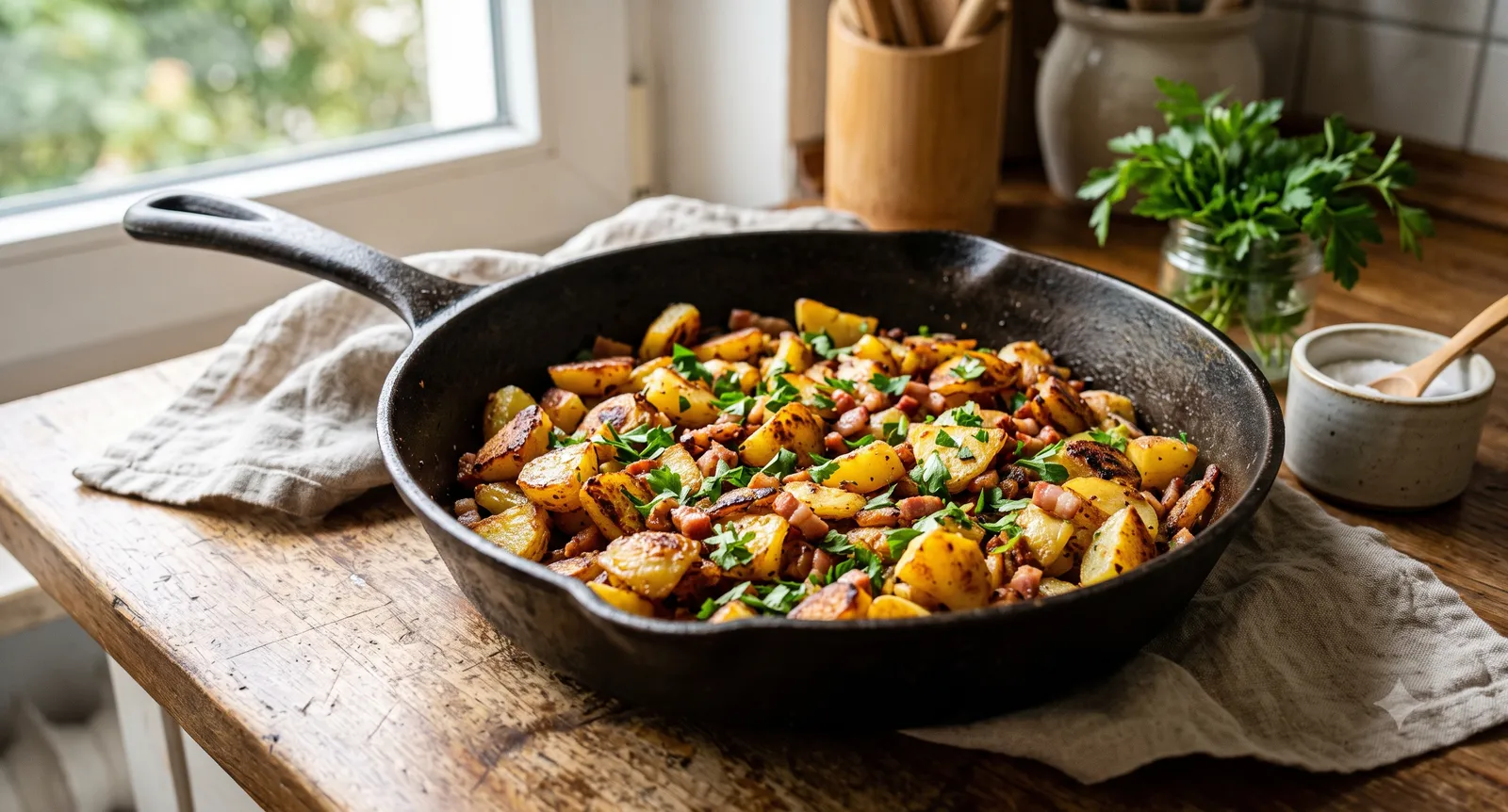 Knusprige Bratkartoffeln mit Speck und Petersilie in einer gusseisernen Pfanne
