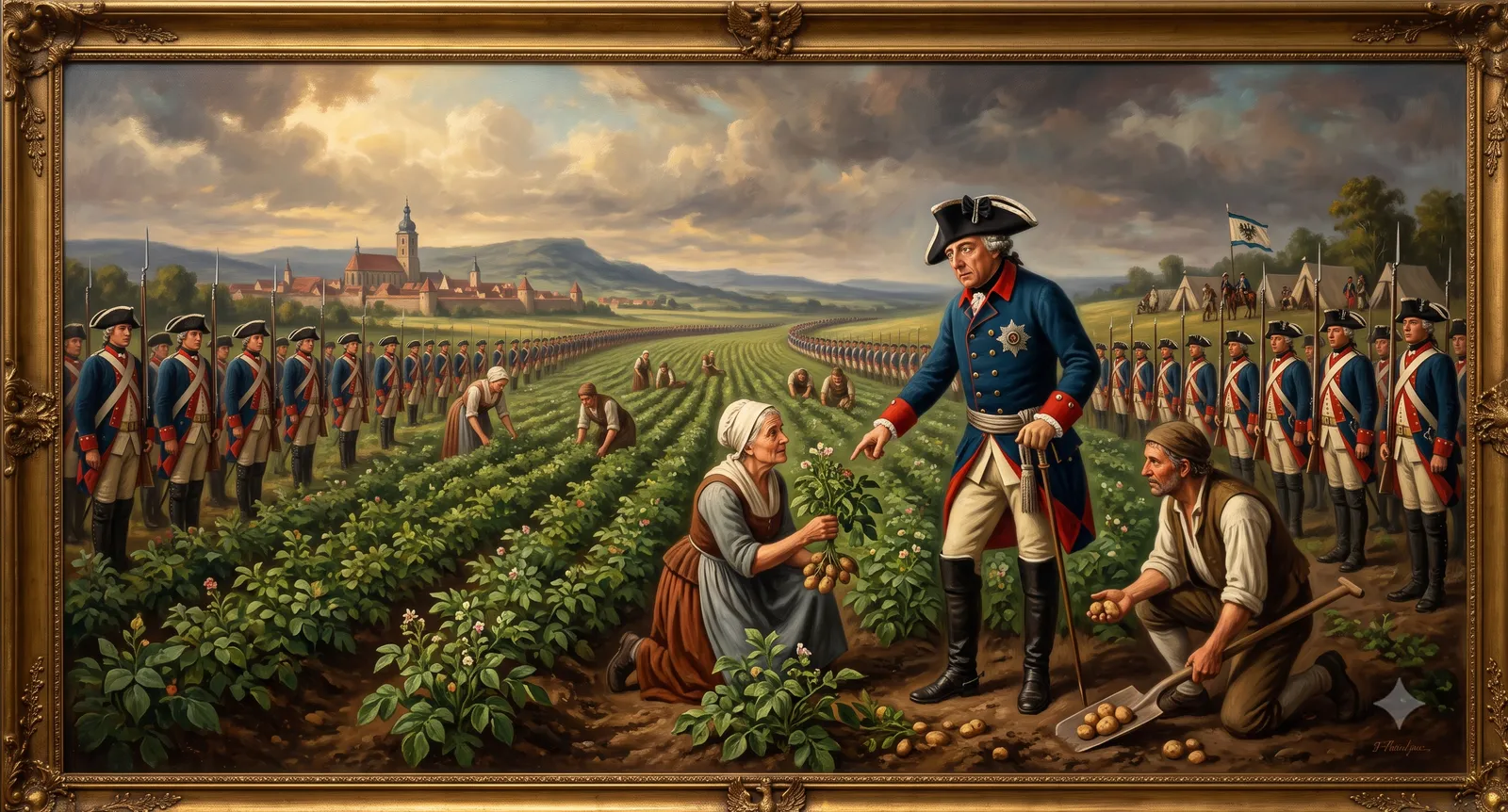 Historisches Gemälde: Friedrich der Große inspiziert ein bewachtes Kartoffelfeld