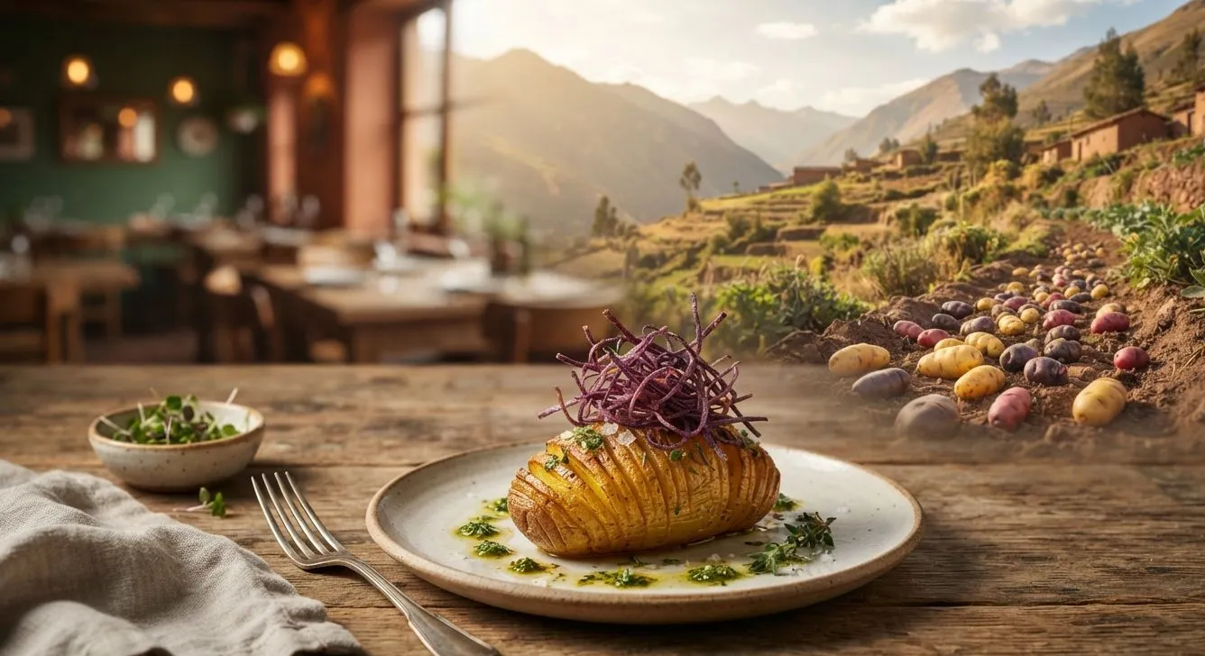 Elegant angerichtetes Kartoffelgericht im Restaurant, im Hintergrund eine Andenlandschaft mit bunten Kartoffeln