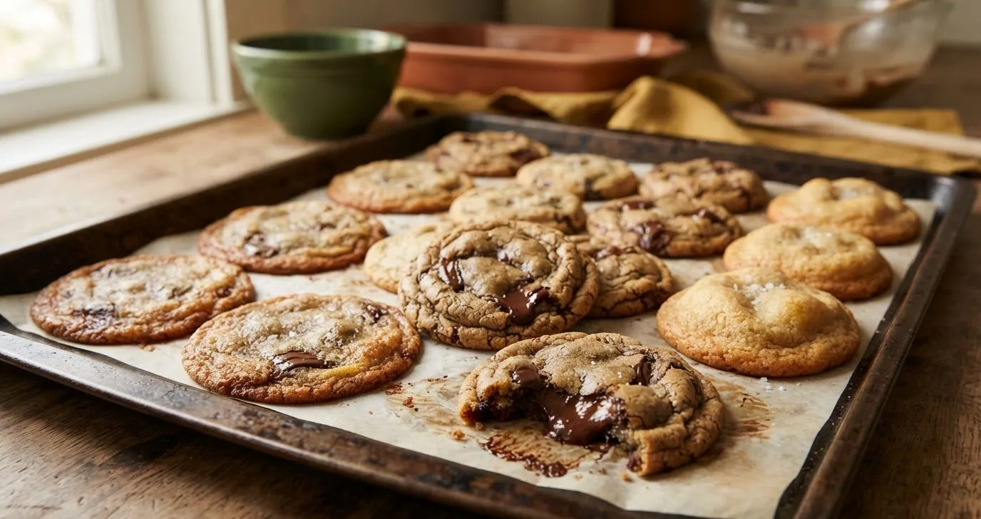 Verschiedene Chocolate Chip Cookies mit unterschiedlichen Texturen auf einem Backblech