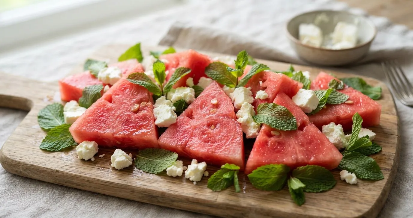 Aufgeschnittene Wassermelone mit Fetawürfeln und Minze