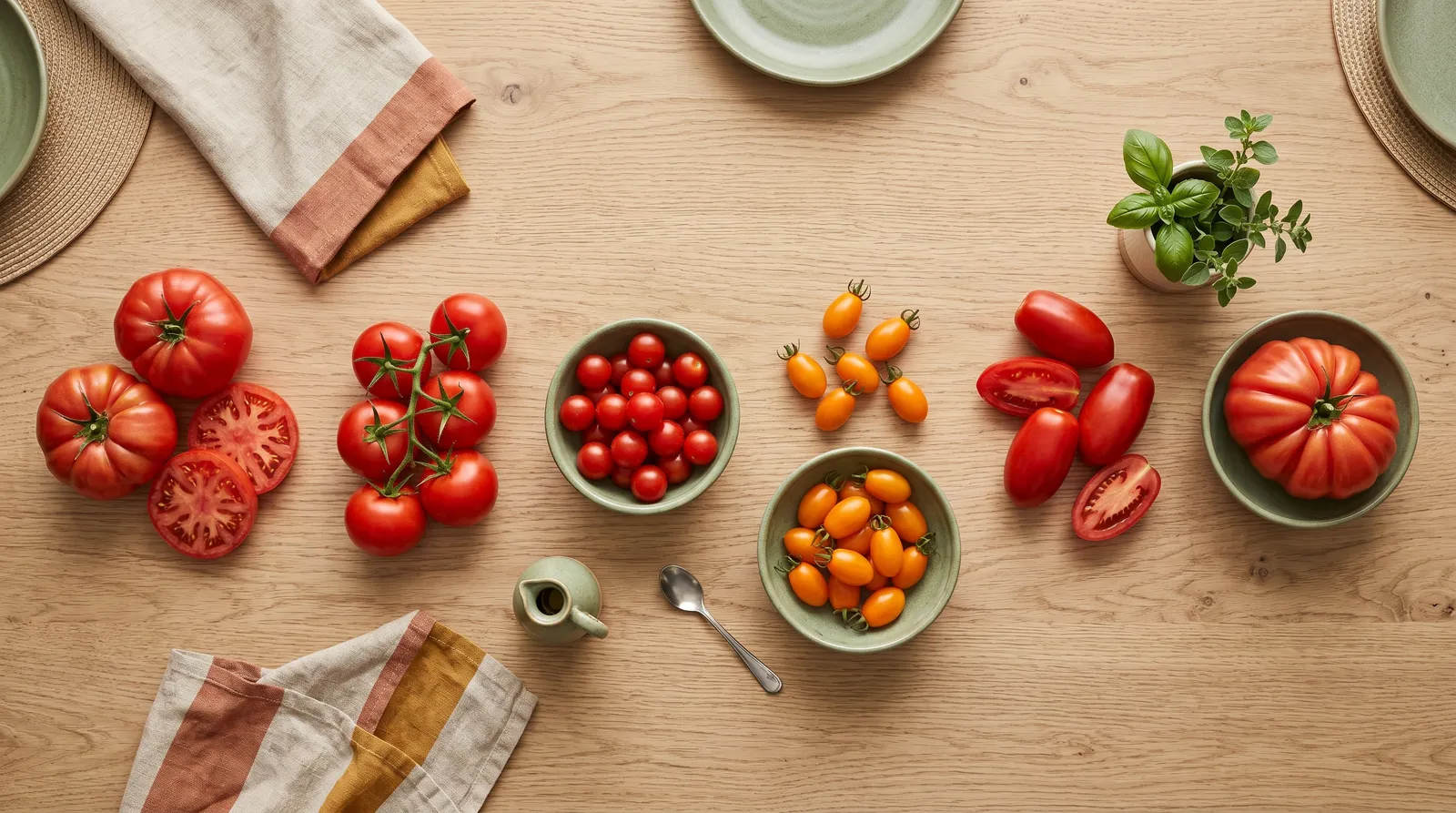 Verschiedene Tomatensorten nach Typ sortiert auf einem Holztisch