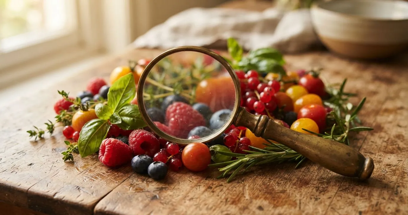 Eine alte Lupe mit Messinggriff liegt auf einem bunten Arrangement aus Beeren, Tomaten und Kräutern auf einem Holztisch