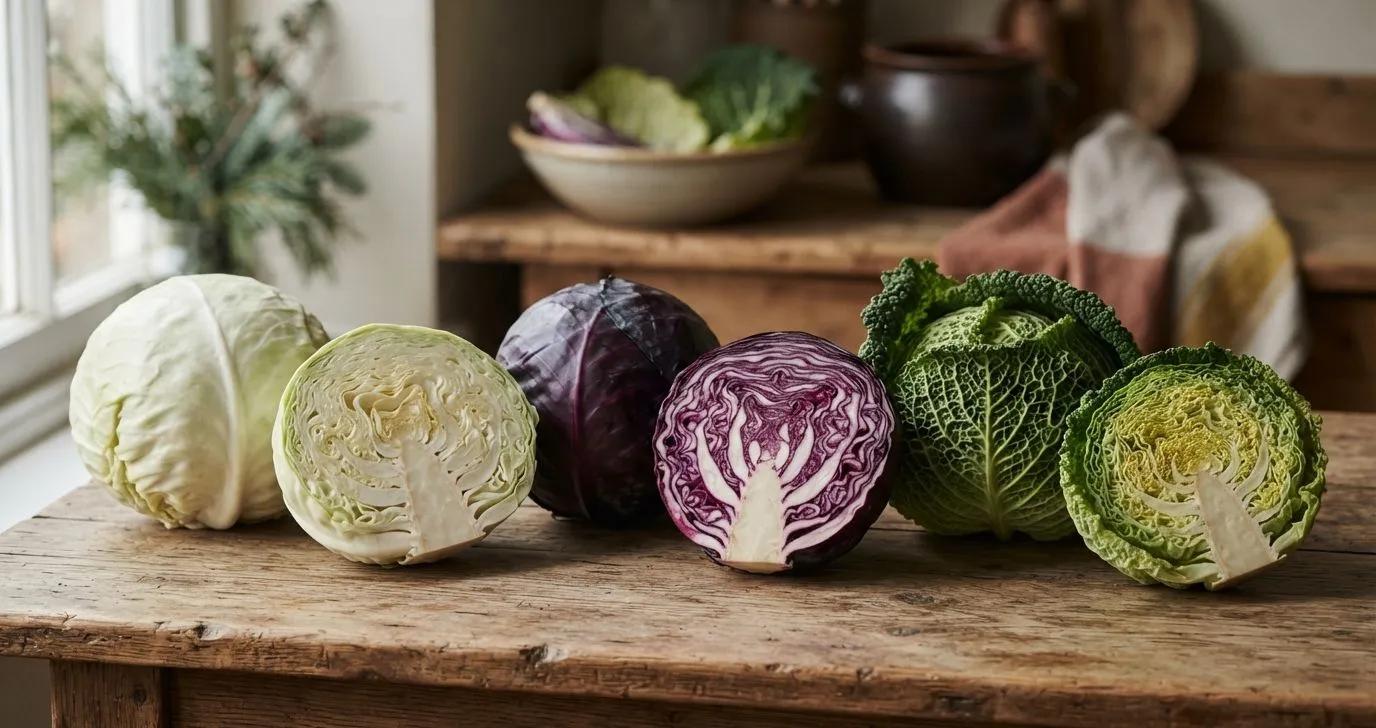 Weißkohl, Rotkohl und Wirsing ganz und aufgeschnitten