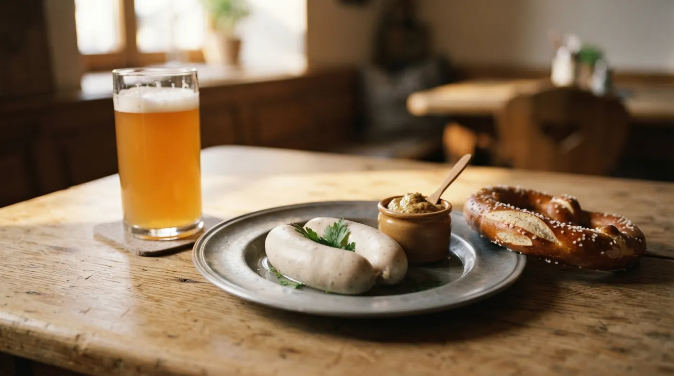 Weißwurst auf Zinnteller mit Brezn, süßem Senf und Weizenbier, warmes Morgenlicht fällt auf den Holztisch, rustikale bayerische Wirtshaus-Atmosphäre