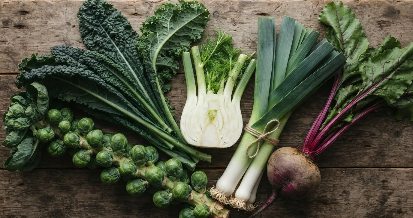 Wintergemüse-Sortiment mit Grünkohl, Rosenkohl, Fenchel, Lauch und Roter Bete