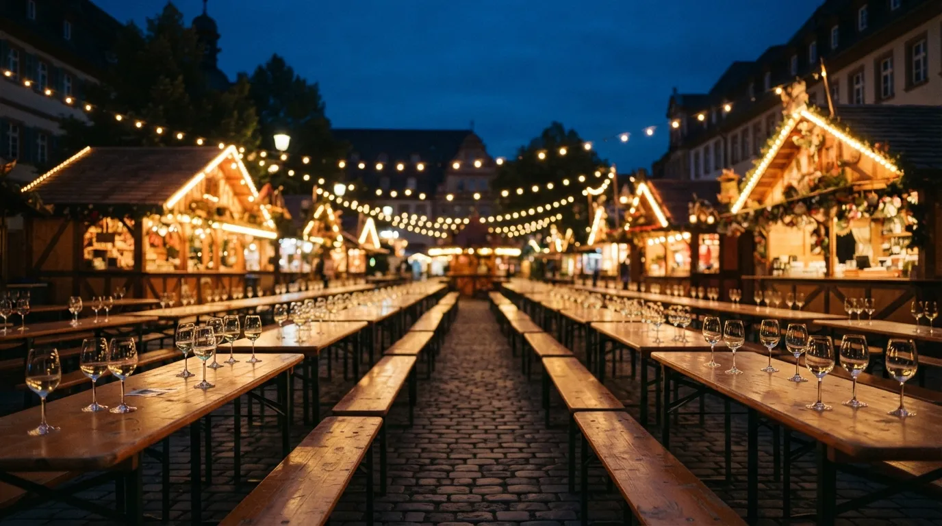 Großes Weinfest mit beleuchteten Wein- und Festzelten bei Nacht, Menschen sitzen an langen Tafeln unter Lichterketten, Gläser mit Federweißer und Teller mit Zwiebelkuchen, ausgelassene Pfälzer Feststimmung