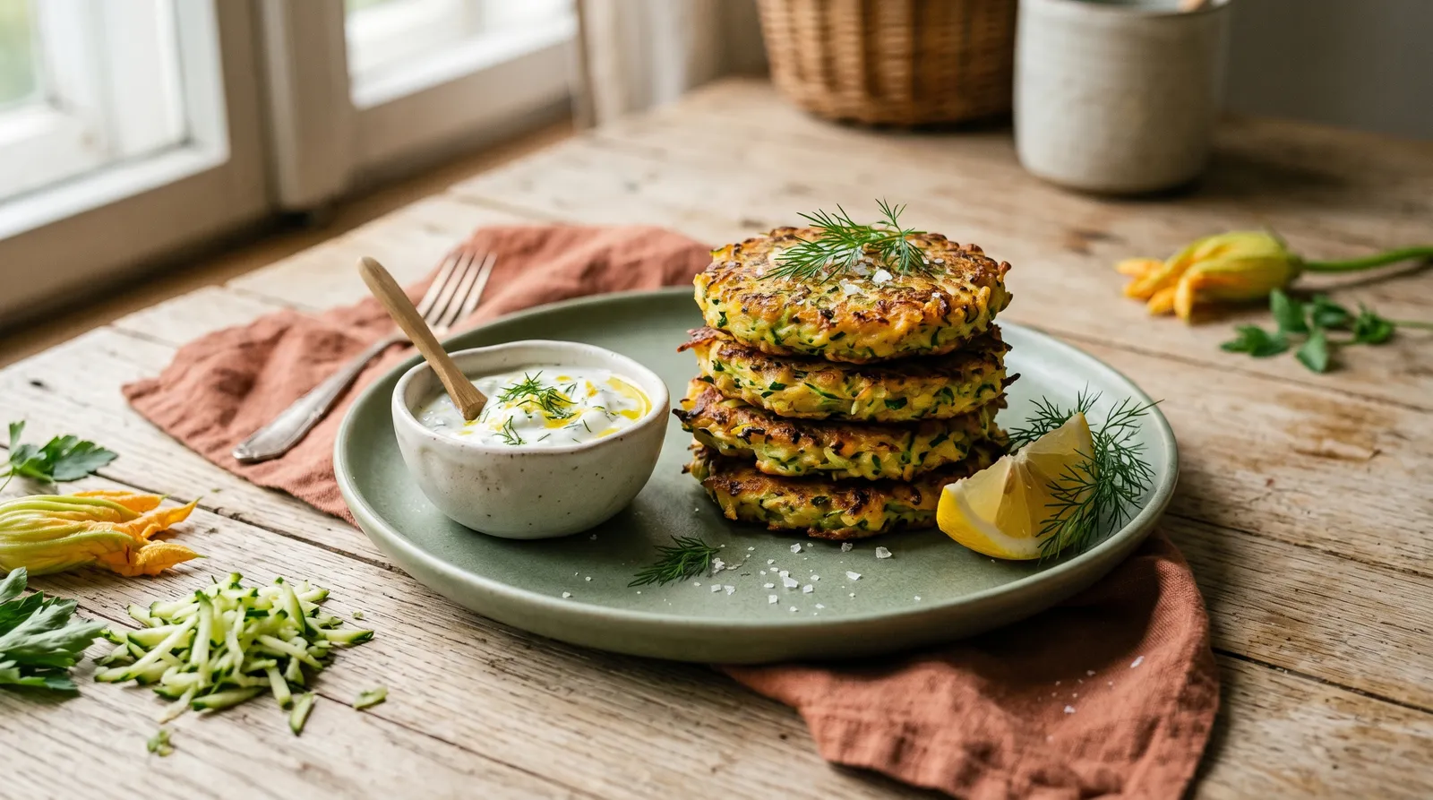 Knusprige Zucchini-Puffer auf einem Teller