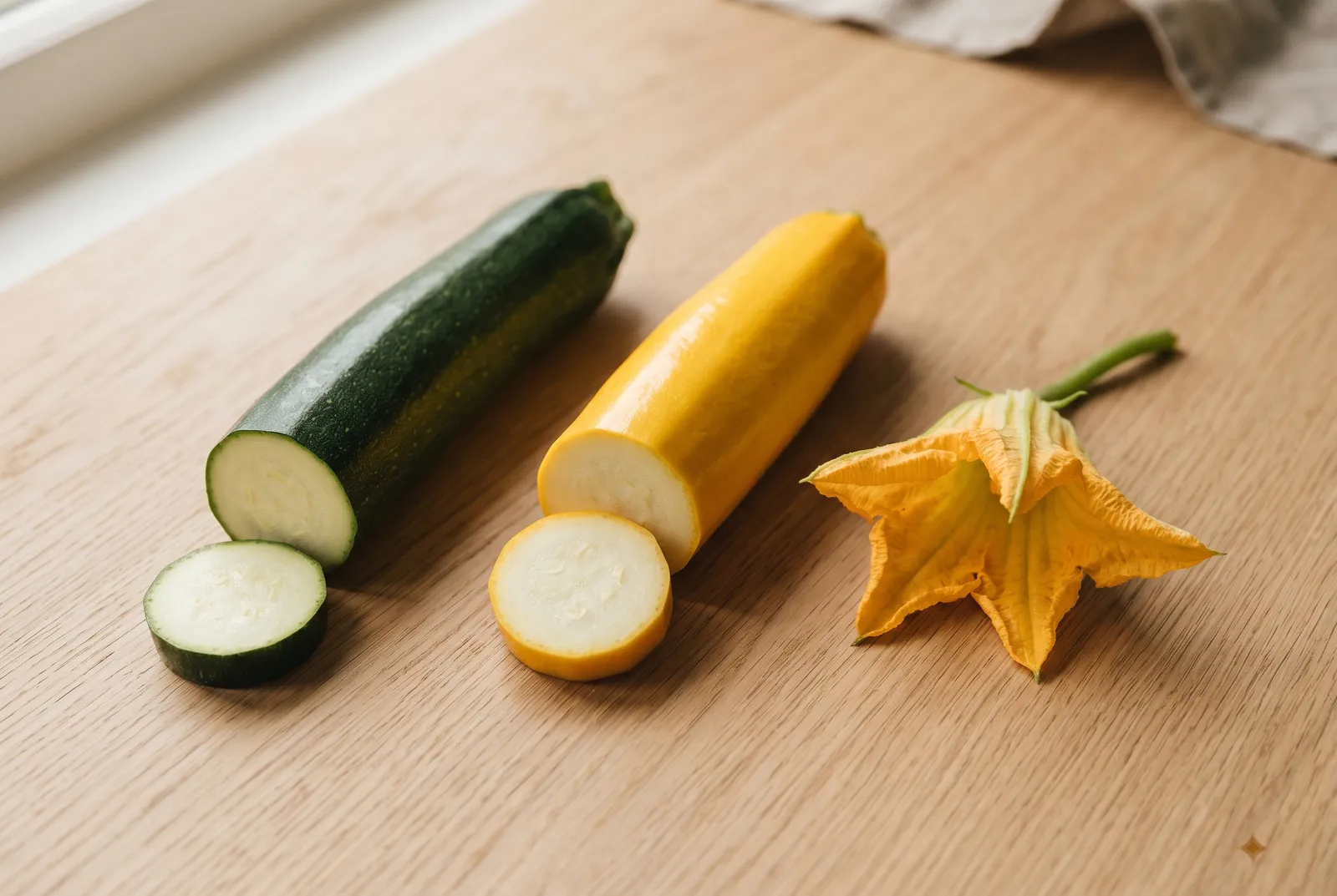 Eine grüne und eine gelbe Zucchini mit einer Zucchiniblüte auf einem Holztisch