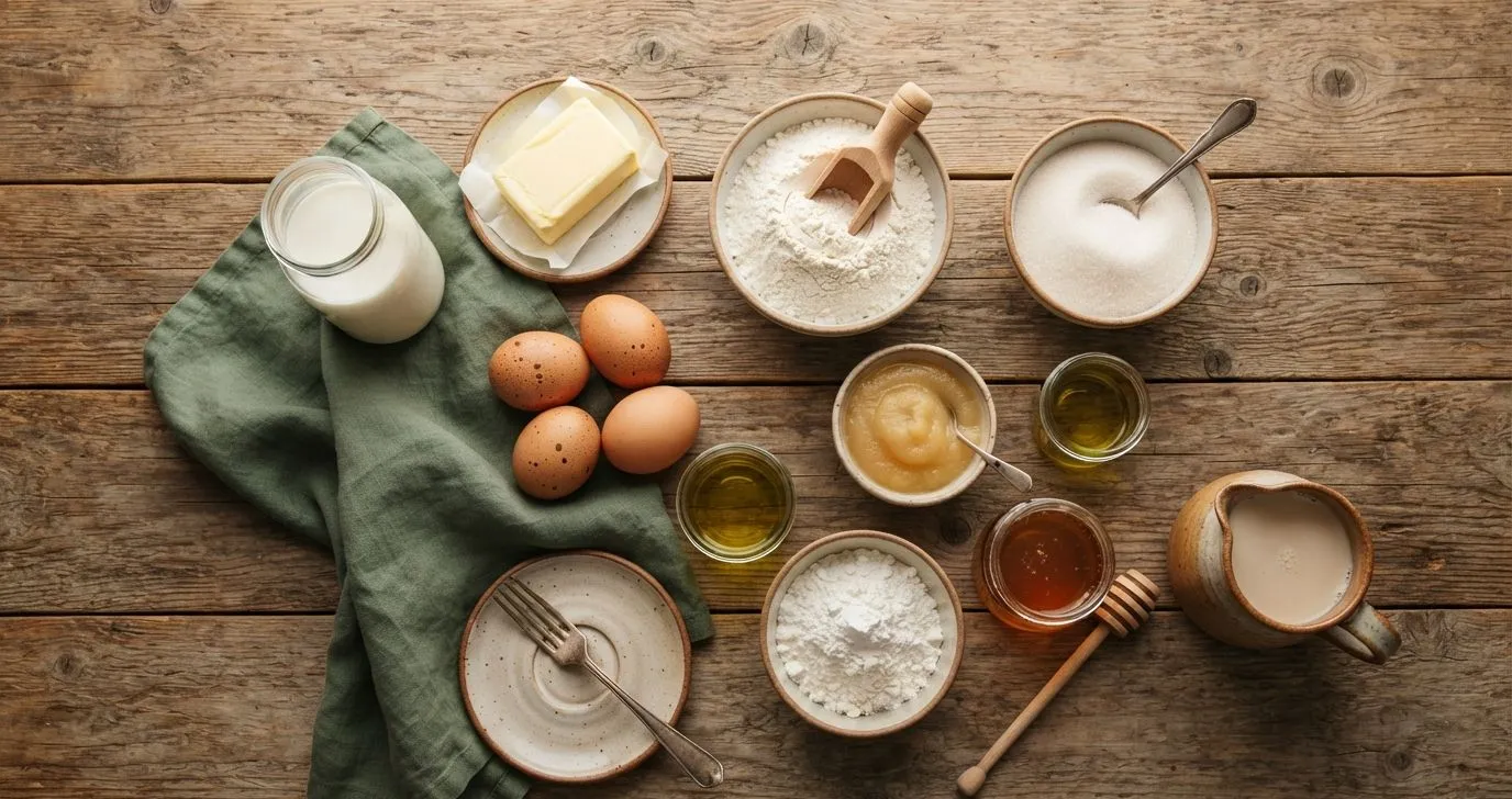 Fünf Zutatenpaare auf einem rustikalen Holztisch: Links die Original-Zutaten (Eier, Milch, Butter, Mehl, Zucker), rechts die Ersatz-Alternativen (Apfelmus, Hafermilch, Öl, Speisestärke, Honig). Herbstone-Farben, natürliches Licht, Tellerränder unscharf. Jeweils ein kleiner Pfeil zwischen Original und Ersatz