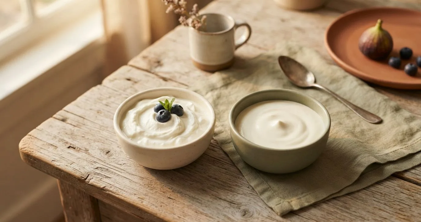 Griechischer Joghurt direkt neben Schlagsahne