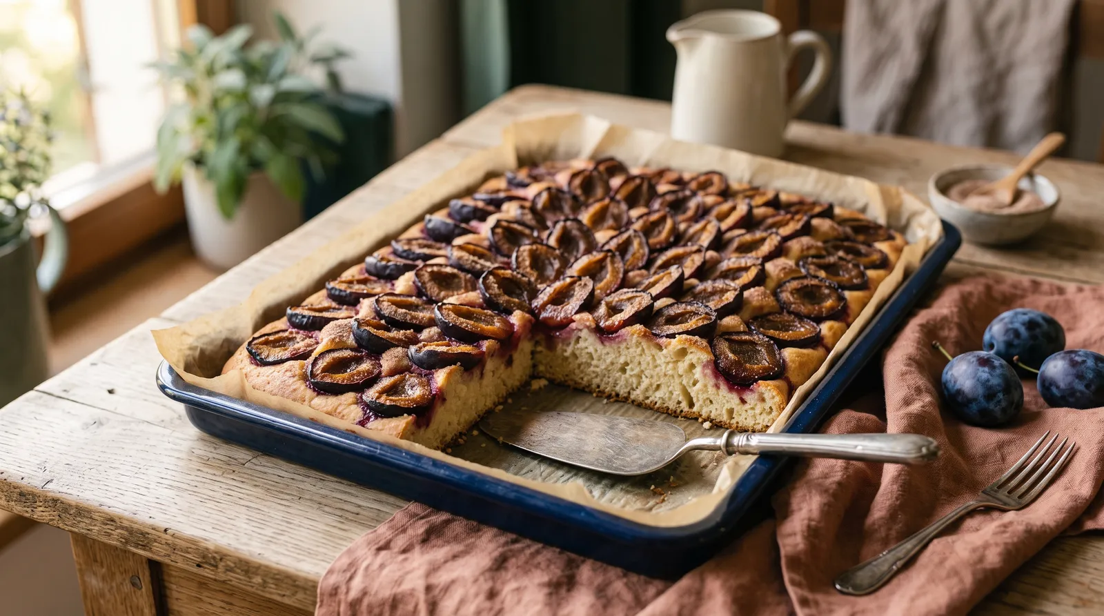 Zwetschgenkuchen vom Blech mit Reihen halbierter Zwetschgen, ein Stück herausgeschnitten