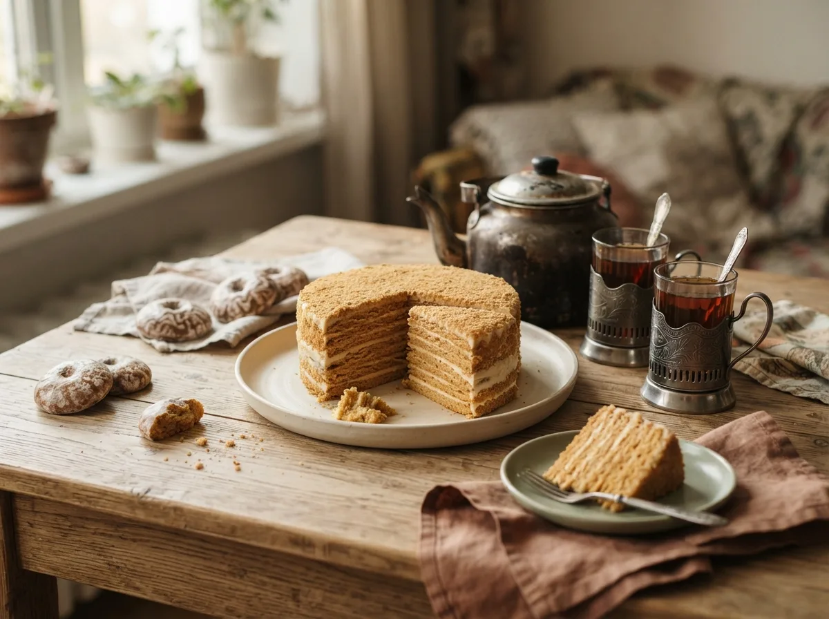 Angeschnittener Honigkuchen Medovik neben Tee in Podstakannik-Gläsern und Pryaniki-Gebäck