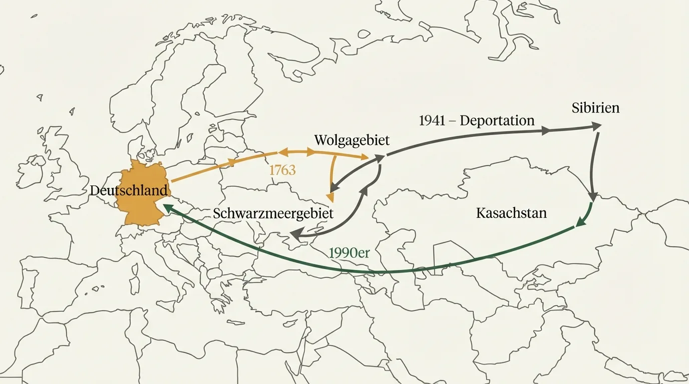 Historische Karte der Wanderungsbewegungen: Deutschland zum Wolgagebiet 1763, Deportation nach Sibirien/Kasachstan 1941, Rückkehr nach Deutschland in den 1990ern