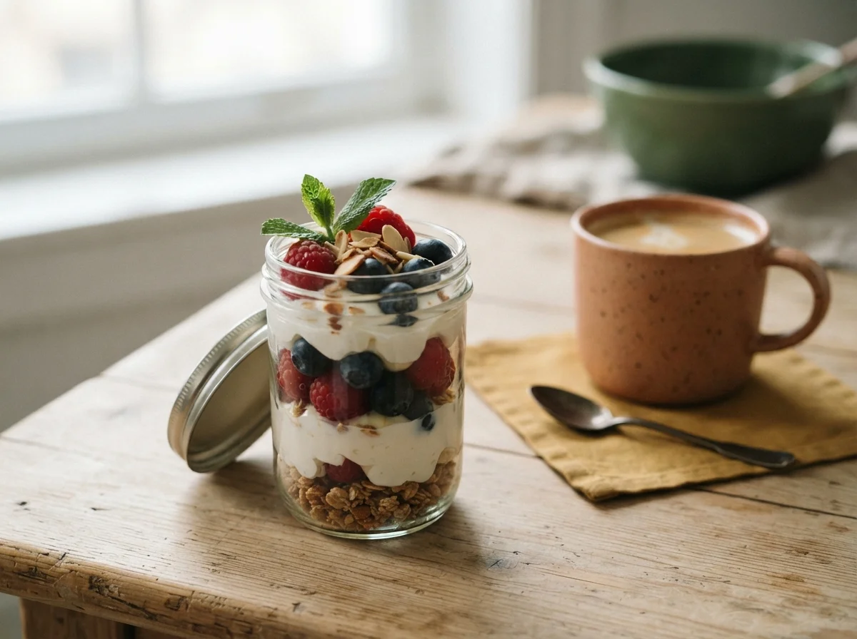 Dessert im Glas mit Beeren, vorbereitet für den nächsten Tag, neben Kaffee und Kuchen