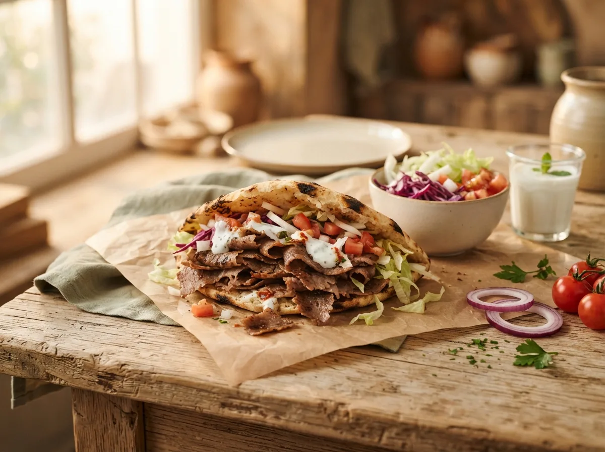 Aufgeschnittener Döner Kebab im Fladenbrot mit Ayran auf Butterpapier