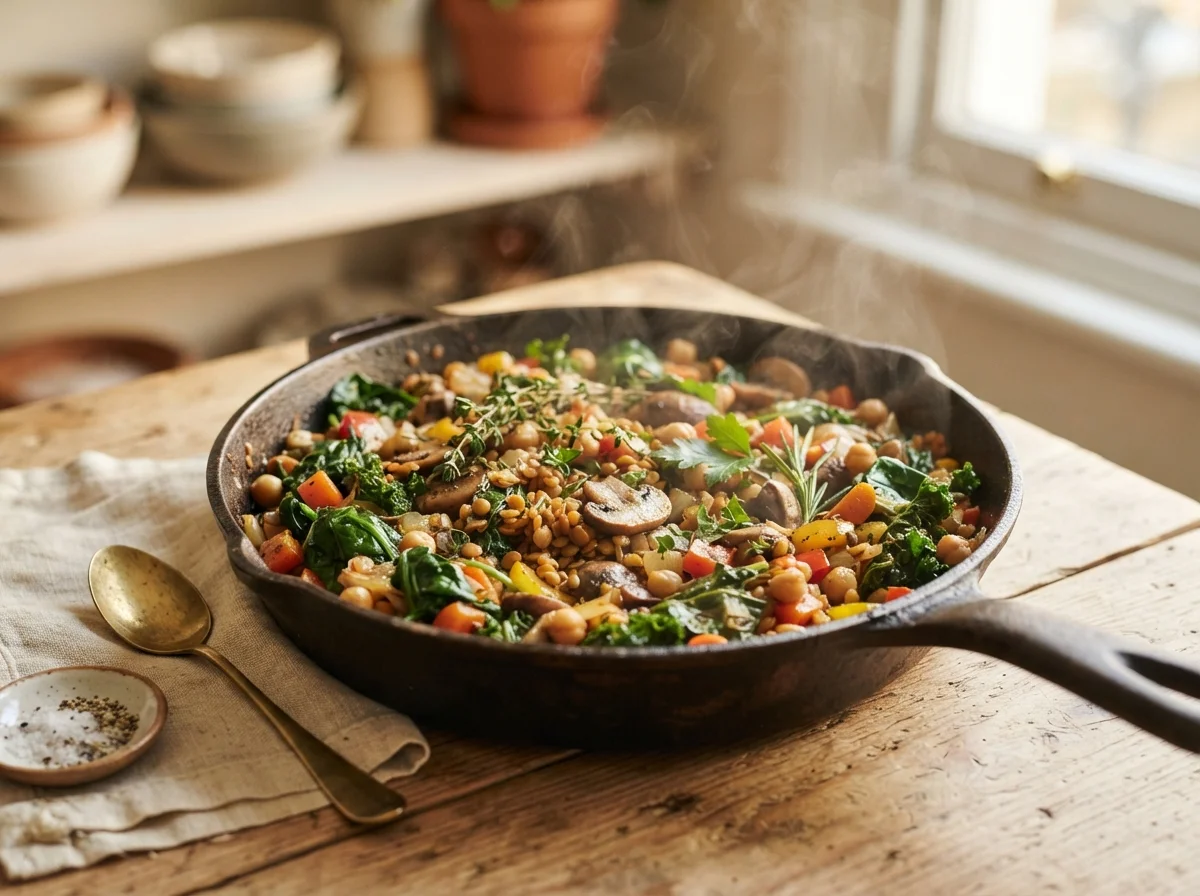 Vegane Alltagsküche: Pfanne mit Gemüse, Hülsenfrüchten und frischen Kräutern ohne Fleischersatzprodukte