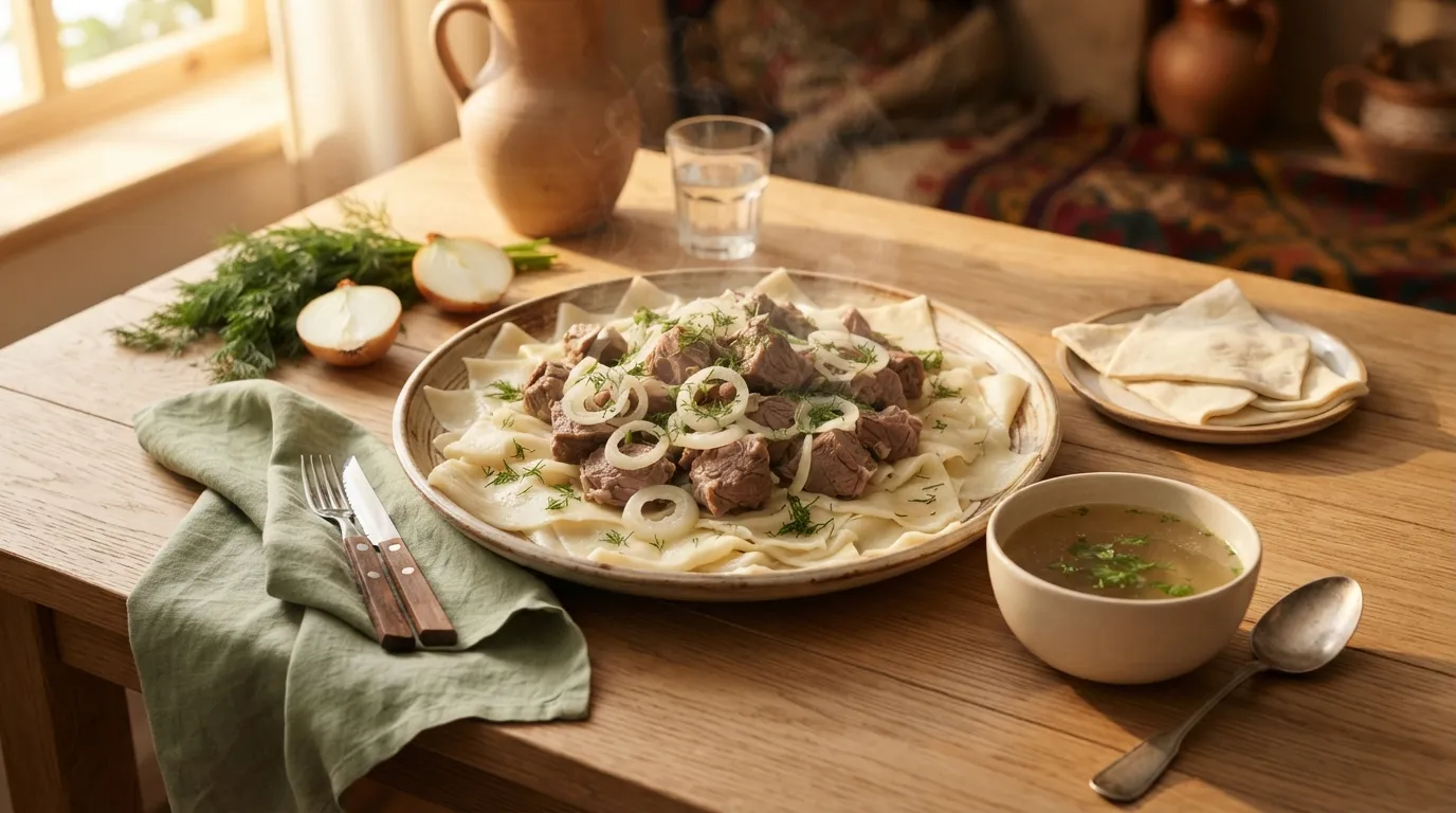 Beschbarmak – kasachisches Fleisch mit Nudelplatten