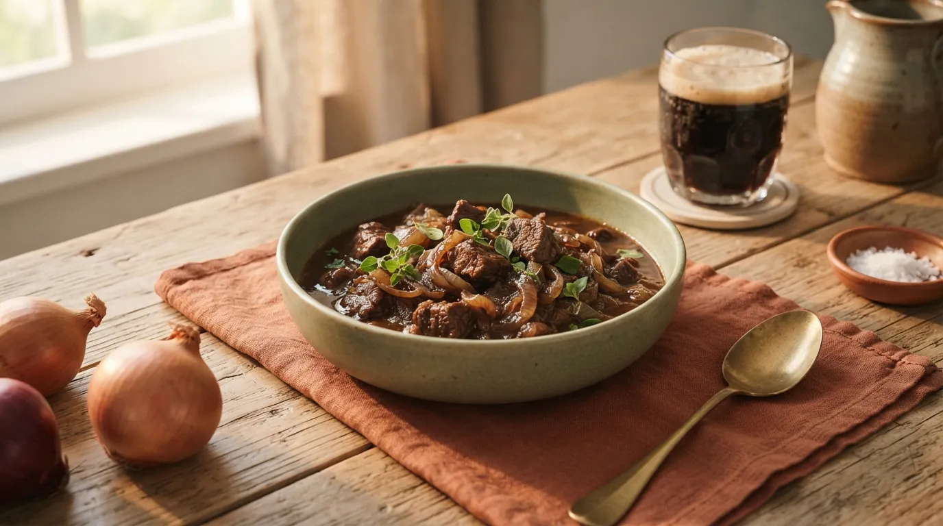 Biergulasch mit Zwiebeln und dunklem Bier