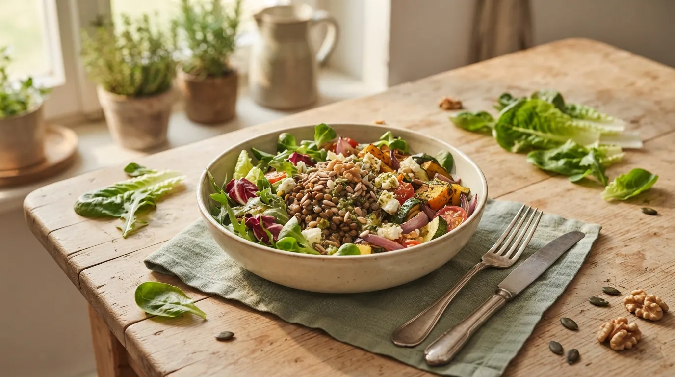 Sommer-Blattsalat-Bowl mit Linsen und Ofengemüse