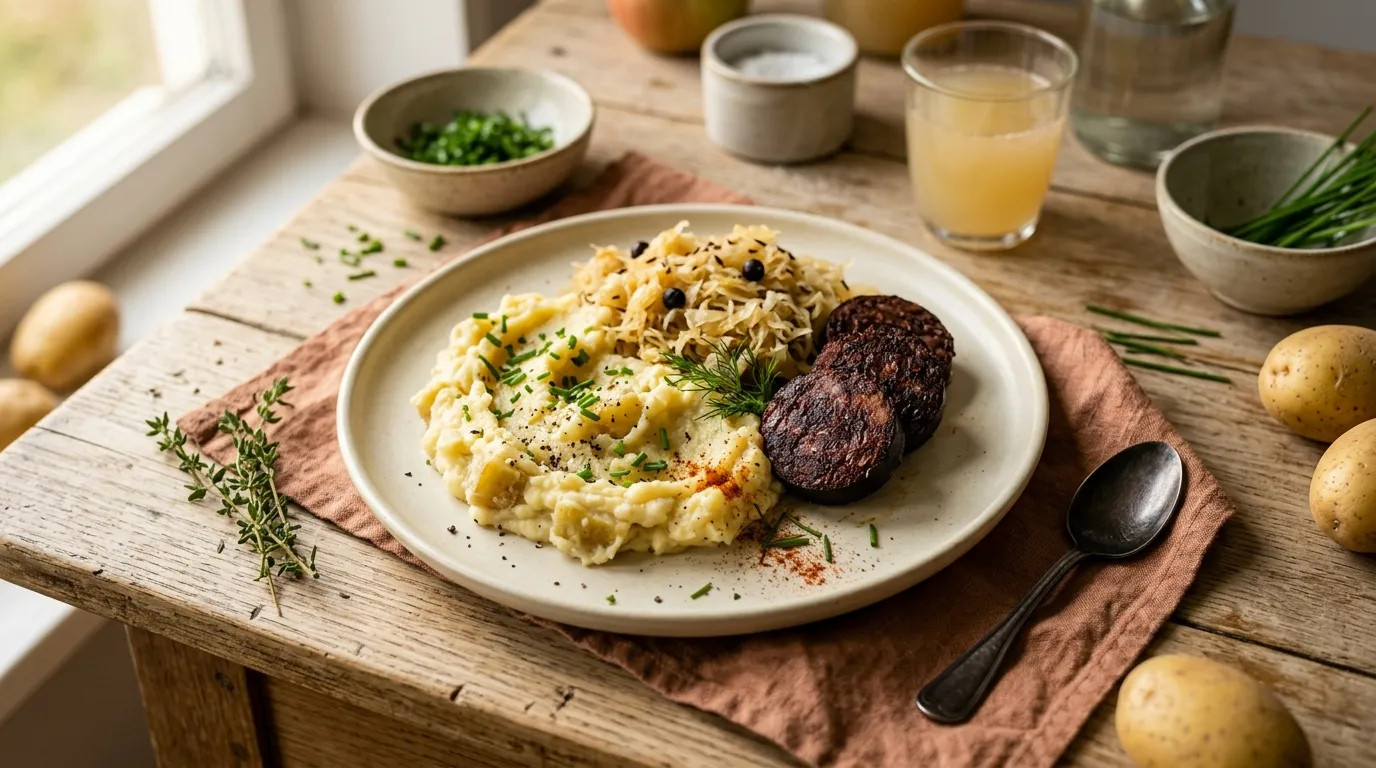 Blutwurst mit Sauerkraut und Kartoffelpüree