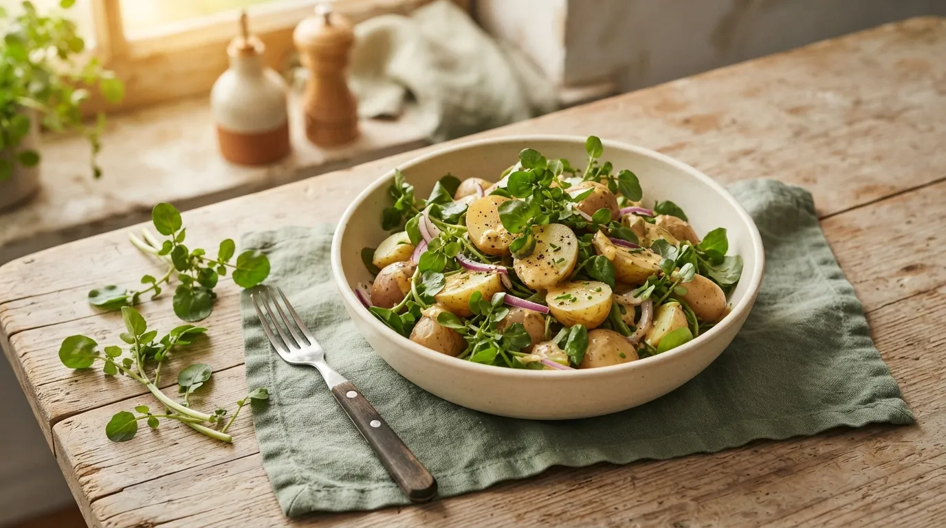 Kartoffelsalat mit Brunnenkresse und Senf-Dressing