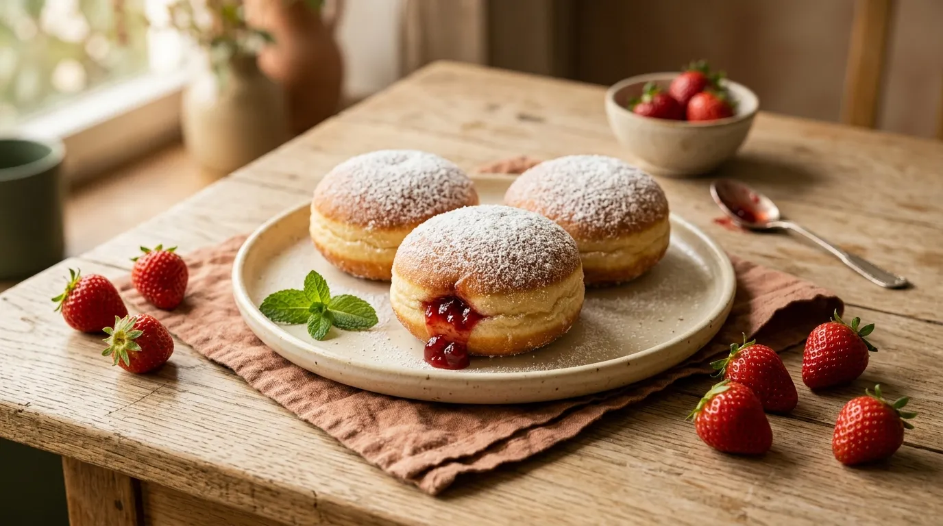 Klassische Berliner mit Erdbeermarmelade