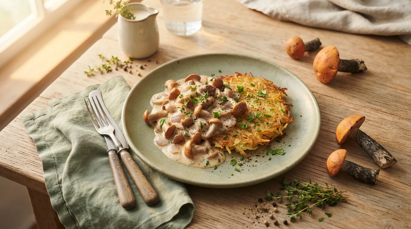 Rotkappen-Rahmpilze mit Kartoffelrösti