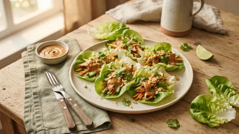 Batavia-Salatwraps mit Hähnchen und Erdnusssauce