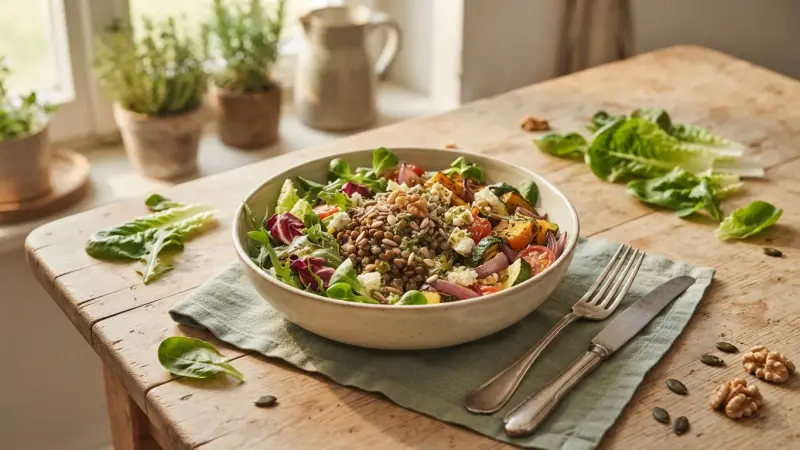 Sommer-Blattsalat-Bowl mit Linsen und Ofengemüse