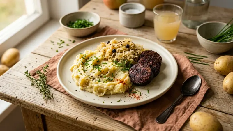 Blutwurst mit Sauerkraut und Kartoffelpüree
