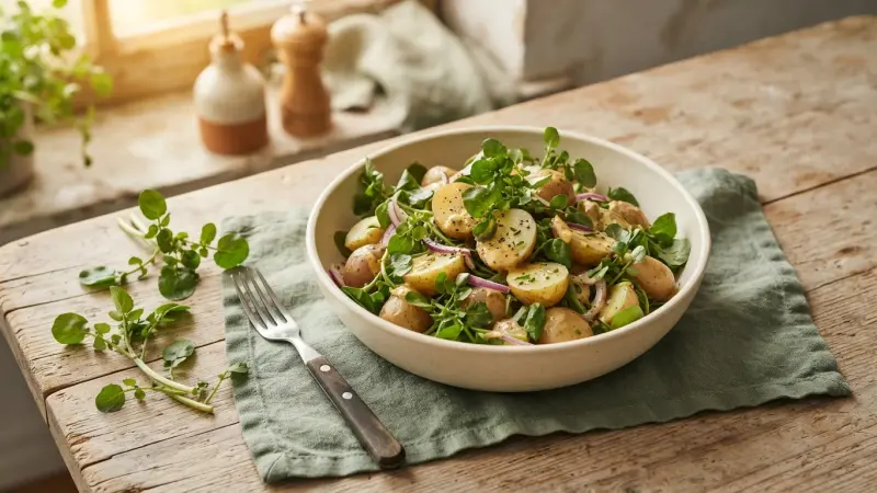 Kartoffelsalat mit Brunnenkresse und Senf-Dressing