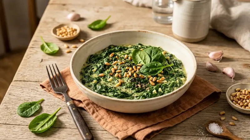 Cremiger Spinat mit Knoblauch und Pinienkernen