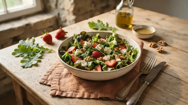 Eichenlaubsalat mit Erdbeeren und Ziegenkäse