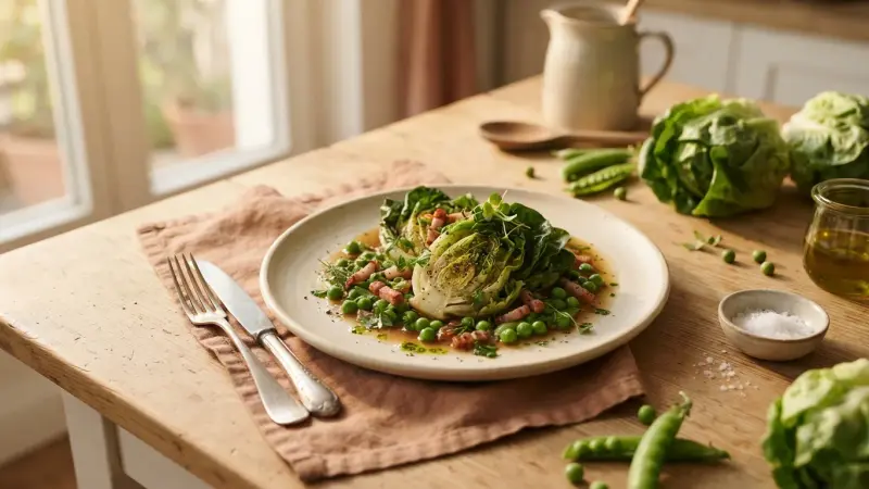Geschmorter Kopfsalat mit Erbsen