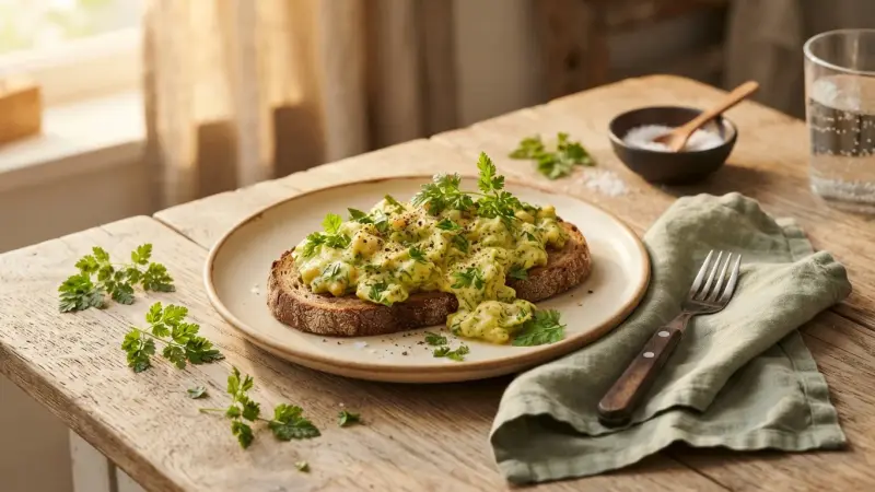 Kerbel-Rührei auf Bauernbrot