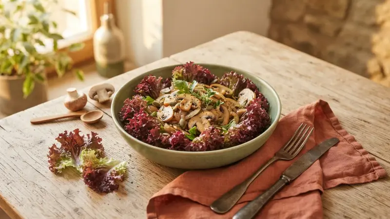 Lollo Rosso mit gebratenen Champignons
