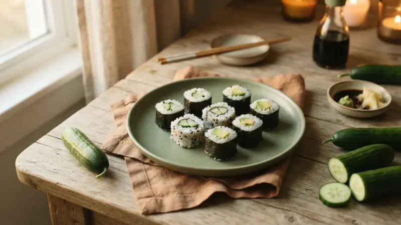Maki-Sushi mit Gurke und Avocado (vegan)
