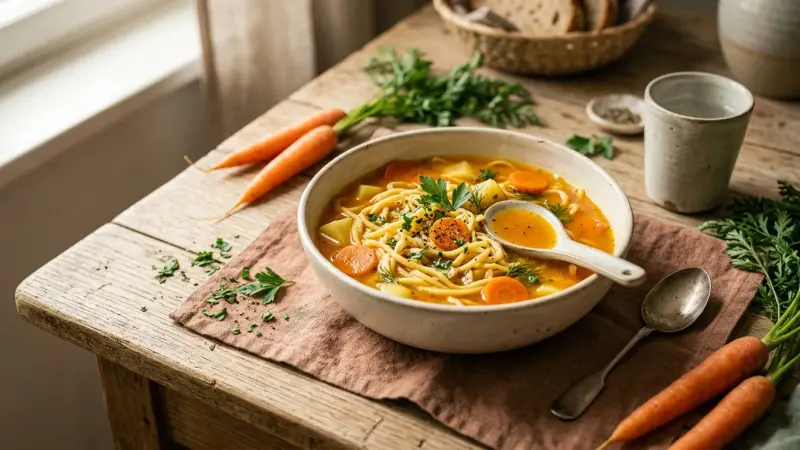 Wolgadeutsche Nudlasuppe — Die Hochzeits-Hühnersuppe mit handgeschnittenen Eiernudeln