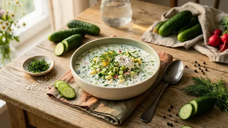 Okroschka — Eiskalte Sommersuppe auf Kwas oder prickelndem Kefir