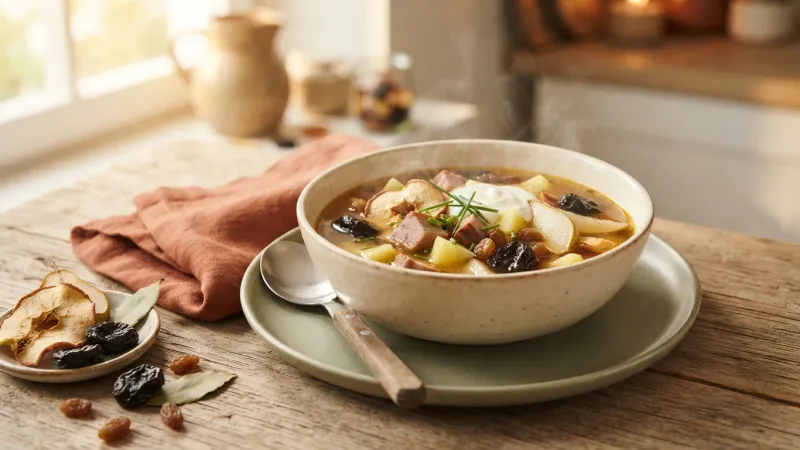 Schnitzsuppe — Wolgadeutsche Dörrobst-Festsuppe mit süßen Grießklößchen