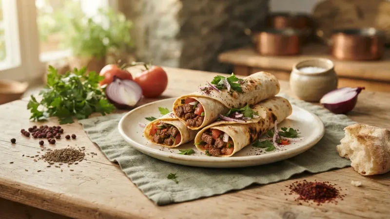 Tantuni — Mersin-Streetfood aus feinst gewürfeltem Rindfleisch im Lavaş-Fladen