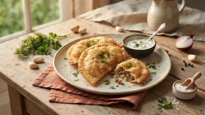 Tschebureki — Knusprige Halbmond-Taschen mit kochend-heißem Fleischsaft