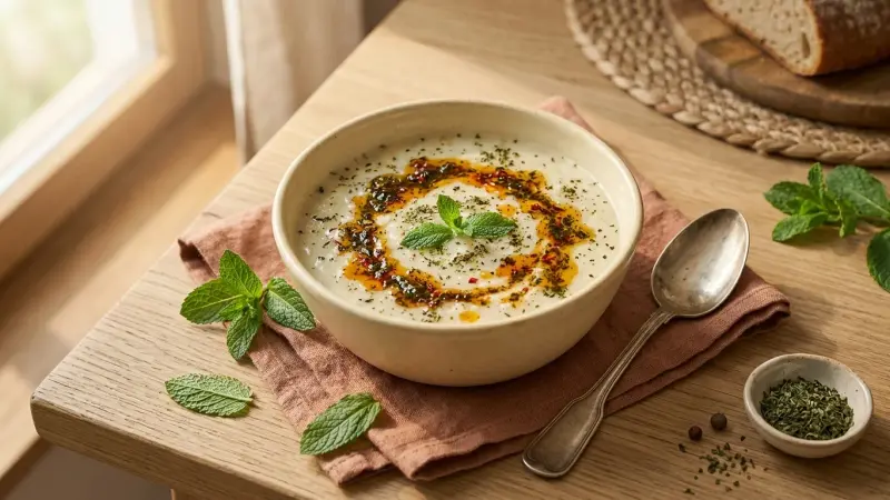 Yayla Çorbası — Anatolische Alm-Joghurtsuppe mit Reis & Nane-Minzbutter