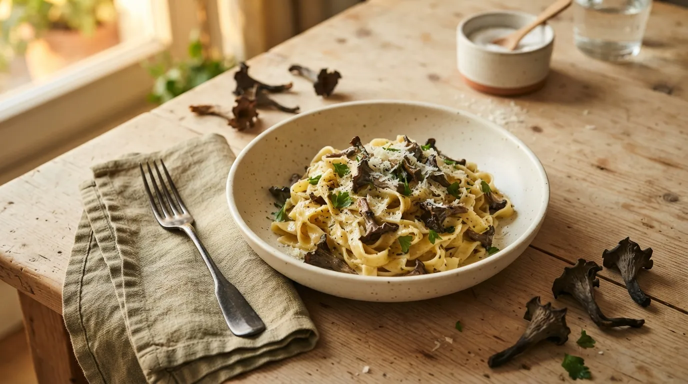 Totentrompeten-Pasta mit Butter und Parmesan