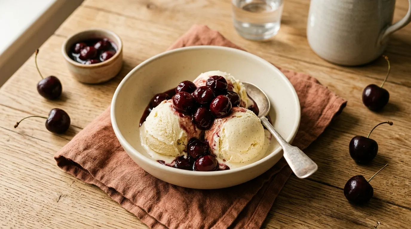 Klassische Vanille-Eiscreme mit heißen Kirschen