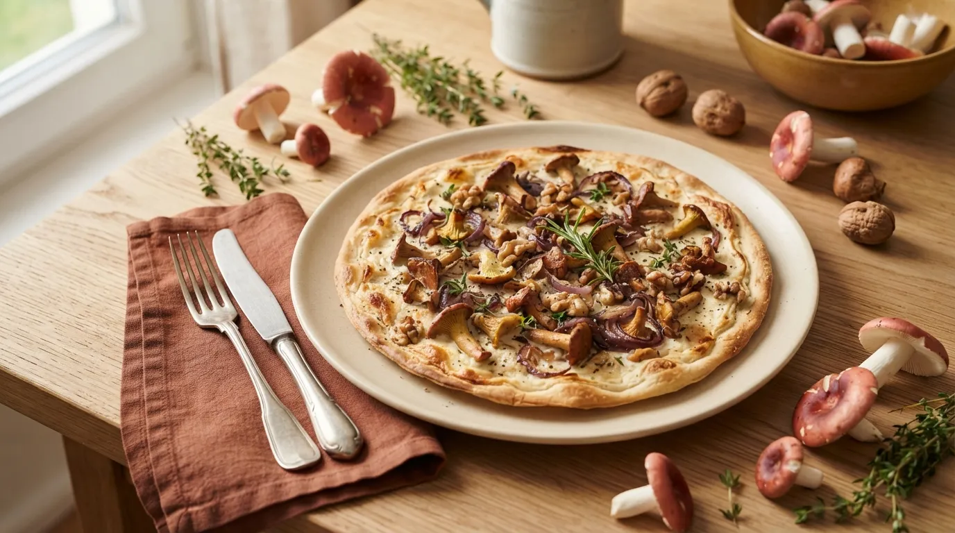 Waldpilz-Flammkuchen mit Täublingen und Walnüssen