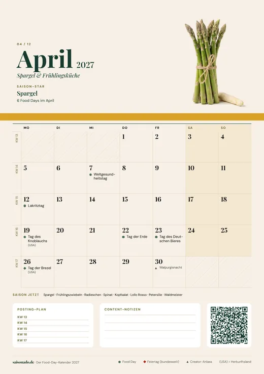 Wandkalender A4 2027, Zutaten-Fotos: Monatsblatt April